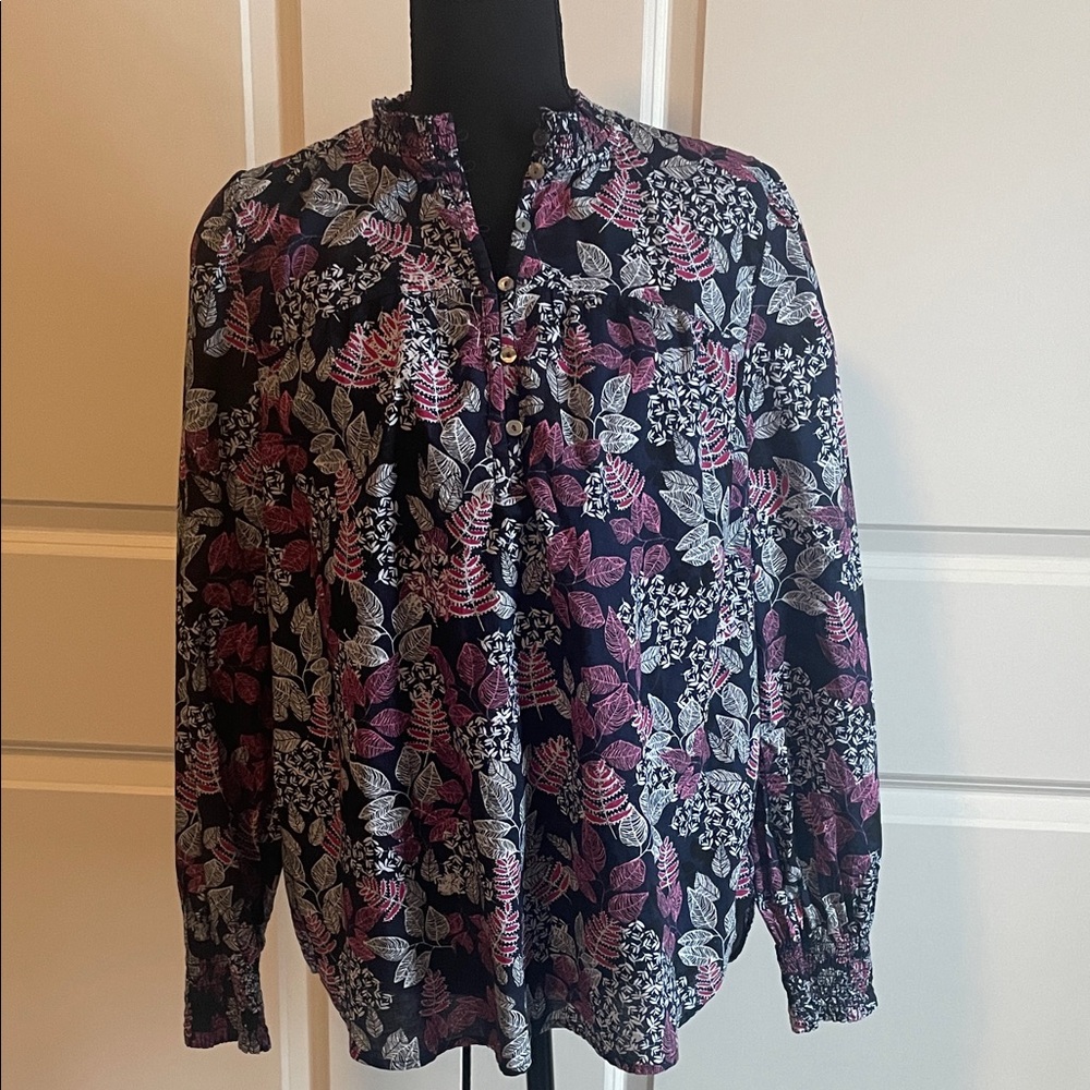 LOFT Leaves Print Long Sleeve Cotton Blouse Size Medium
